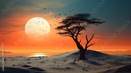 Fantasy landscape with lonely tree in the desert.