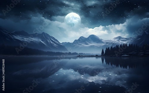 Fantasy landscape with mountains and lake at night in full moon light.