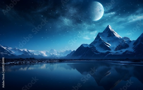 Fantasy landscape with mountains and lake at night in full moon light.