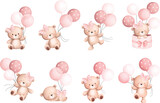 Watercolor Illustration Set of Baby Teddy Bears and Balloons
