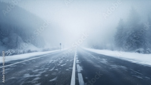 Winter highway, snowfall and fog. Generative AI