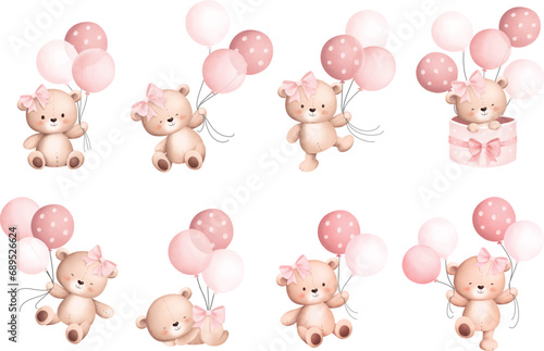 Watercolor Illustration Set of Baby Teddy Bears and Balloons