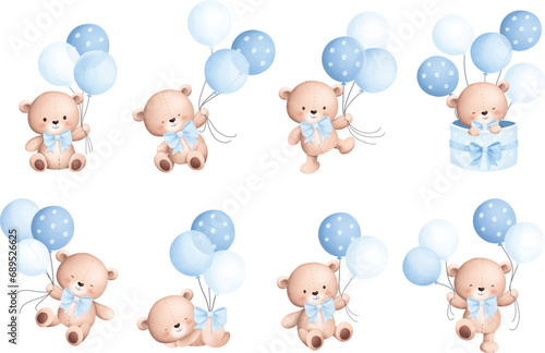 Watercolor Illustration Set of Baby Teddy Bears and Balloons