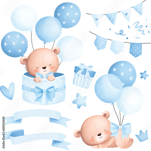Watercolor Illustration Set of Baby Teddy Bears and Cute Elements