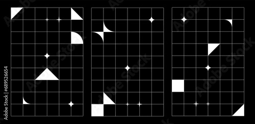 Abstract set with white grids and abstract geometric isolated shapes in trendy y2k style for banner, poster, background greeting card, cover. Vector illustration on black background.