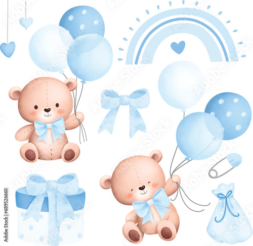 Watercolor Illustration Set of Baby Teddy Bears and Cute Elements