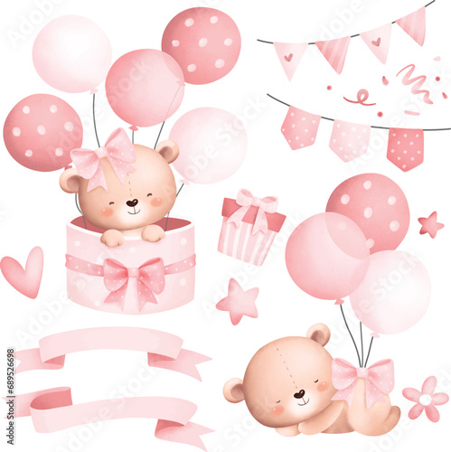 Watercolor Illustration Set of Baby Teddy Bears and Cute Elements photo