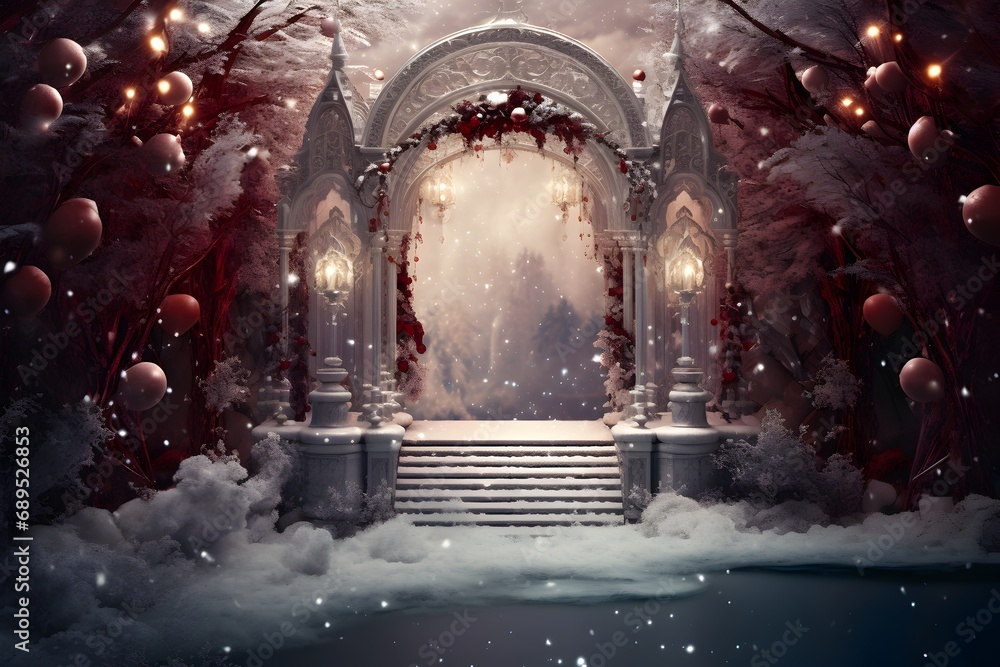 Obraz premium Christmas lights in the winter forest. Winter fairy tale. Christmas background.