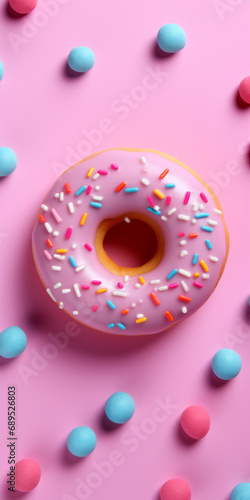 Close-up of donuts with multi colored sparks, pastel colors. Sprinkled sweet and colorful glazed doughnut. Flat lay food concept