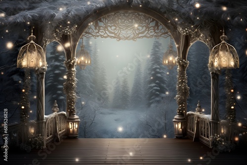 Christmas lights in the winter forest. Winter fairy tale. Christmas background.