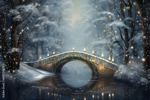 Winter landscape with bridge and snowflakes.