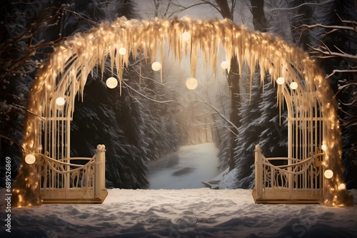 Christmas lights in the winter forest. Winter fairy tale. Christmas background.