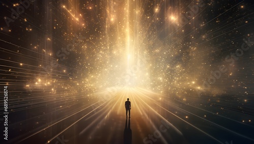 Man standing in the middle of a futuristic space with lights and smoke.