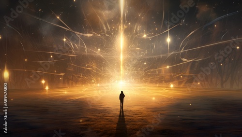 Man standing in the middle of a futuristic space with lights and smoke.