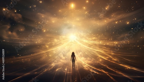 woman standing in the middle of a futuristic space with lights and smoke.