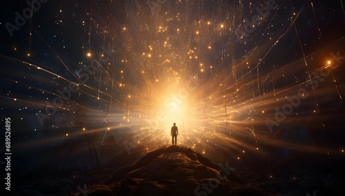 Man standing in the middle of a futuristic space with lights and smoke.
