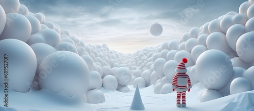 Santa Claus standing in the snow with white balloons.