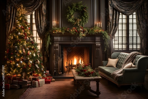 Christmas living room with fireplace and christmas tree.
