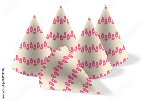 A festive cap on the head in the color of cream and strawberry ice cream is decorated with a popsicle pattern. 