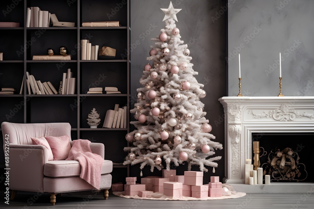 Christmas tree with gifts in classic interior..