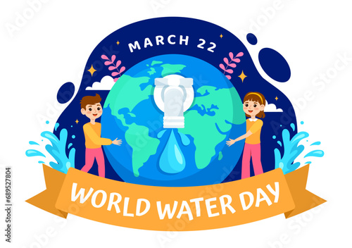World Water Day Vector Illustration on 22 March with Kids, Waterdrop and Taps to Save Earth and Management of Freshwater in Background Design