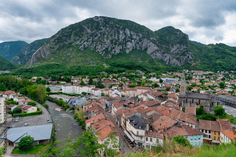 view of Tarascon-sur-Ariege commune surrounded by Pyrenees, France