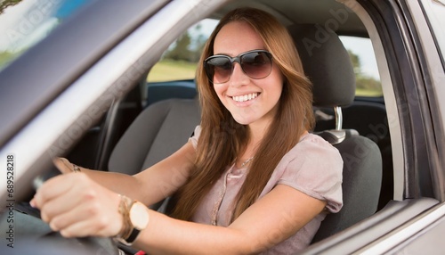 young adult woman driving a car, smiling joyfully © Marko