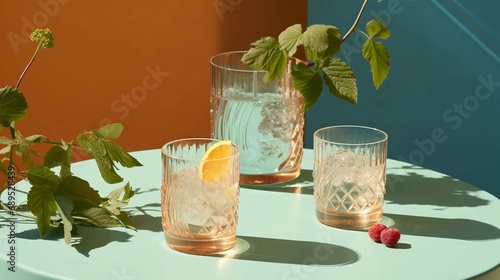 editorial of glass cocktail tumblers with translucent beverage inside.

 - created with generative ai (midjourney for image and magnific for upscale)