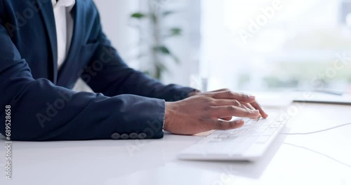 Hands, business man and typing on computer for planning research, information and administration. Closeup, corporate worker and desktop keyboard for online report, editing email and digital software photo