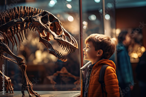 Child looking at a dinosaur skeleton in a museum photo