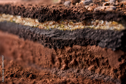 A cut cross-section side view of ground soil showing multiple layers of different types of earth composition underneath the topsoil. Ground surface dug out with layered soil formation below. photo