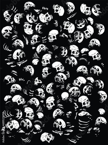 Human skeletons piled up horror scene vectors black and white