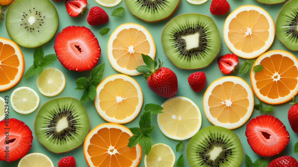 Slices of fresh fruits and berries on color background, top view Slices of fresh fruits and berries on color background, top view