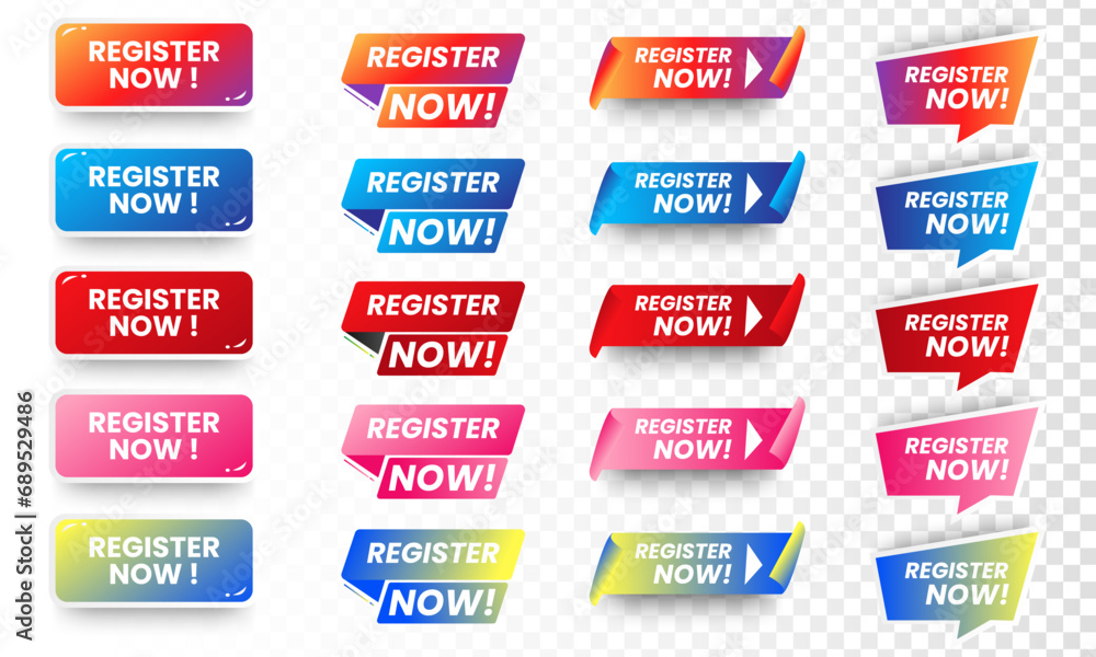 Set of Register now icons button design. Colorful Register button pack for website, ads, UI, and project. vector EPS 10 - obrazy, fototapety, plakaty 