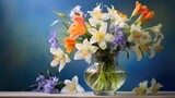 Bouquet of spring flowers in a vase on a blue background