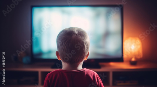 Cute little boy watching TV at home in the living room.