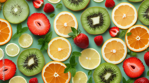 Slices of fresh fruits and berries on color background, top view