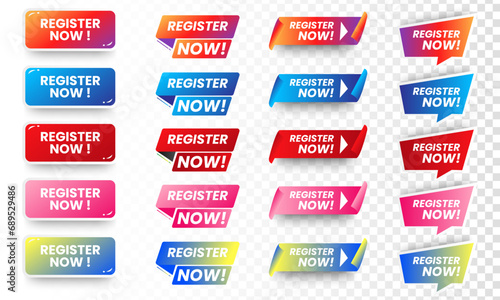 Set of Register now icons button design. Colorful Register button pack for website, ads, UI, and project. vector EPS 10 photo