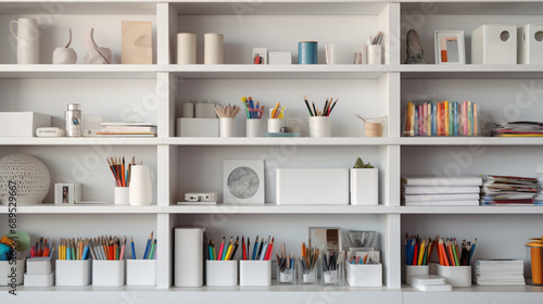 White shelving with various material for creativity