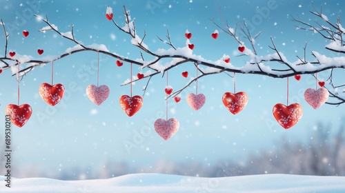Red heart balloon garland decoration elements in snow branches tree into frost on blue sky, winter mockup background banner Valentine's Day with copy space