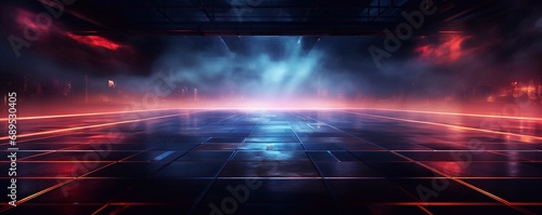 Dark empty space, blue and red neon spotlight, wet asphalt, smoke, night view, rays. Abstract dark texture of an empty background with copy space mock up design