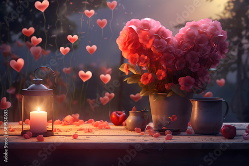 valentines day background, social media background for vday, full of romance cards with love, red rose and candles	 photo