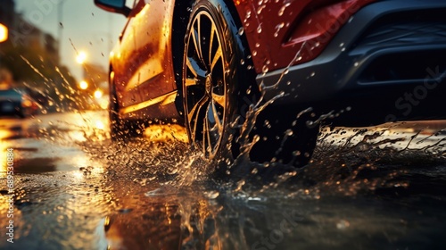 Fotografering Close-up of car tires and splashes water on wet asphalt in rain