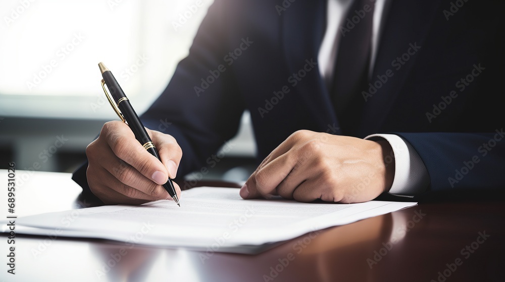 Businessman signing a contract in office. Close-up of business man signing contrac Businessman signing a contract in office. Close-up of business man signing contrac