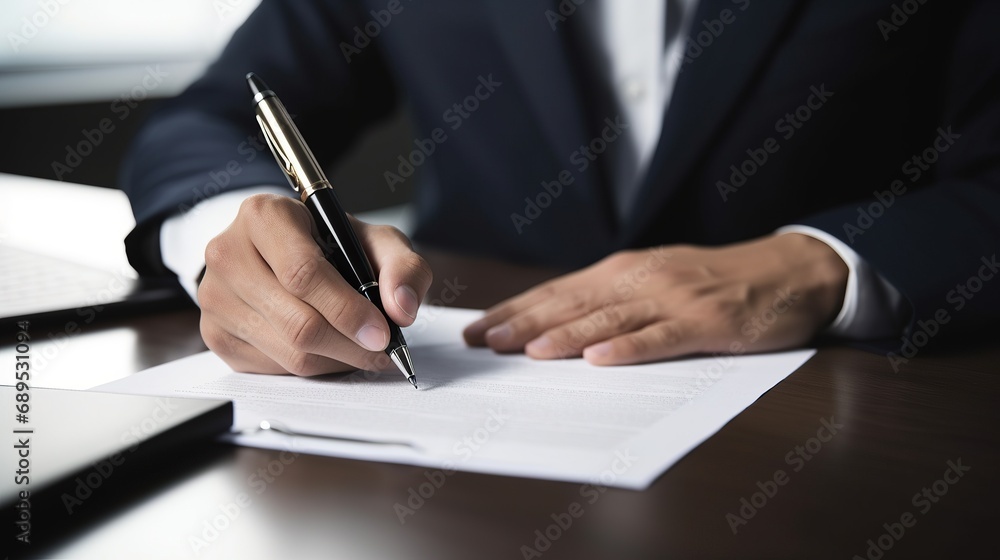 Businessman signing a contract in office. Close-up of business man signing contrac Businessman signing a contract in office. Close-up of business man signing contrac