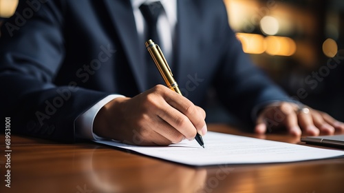 Businessman signing a contract in office. Close-up of business man signing contrac