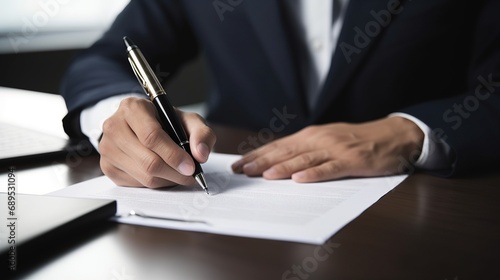 Businessman signing a contract in office. Close-up of business man signing contrac