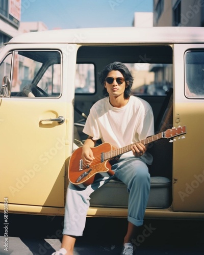 Man with a guitar in a van