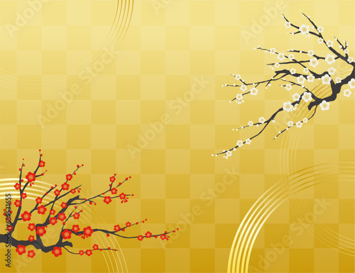 梅の花の背景イラスト素材 ベクター 紅白 紅梅 白梅 金背景 和風