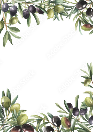 Olive branches and leaves  black olives and green olives. Frame  template  border  hand drawn watercolor. Design for cards  invitations  wrapping paper  stationery. Hand drawn watercolor illustration.